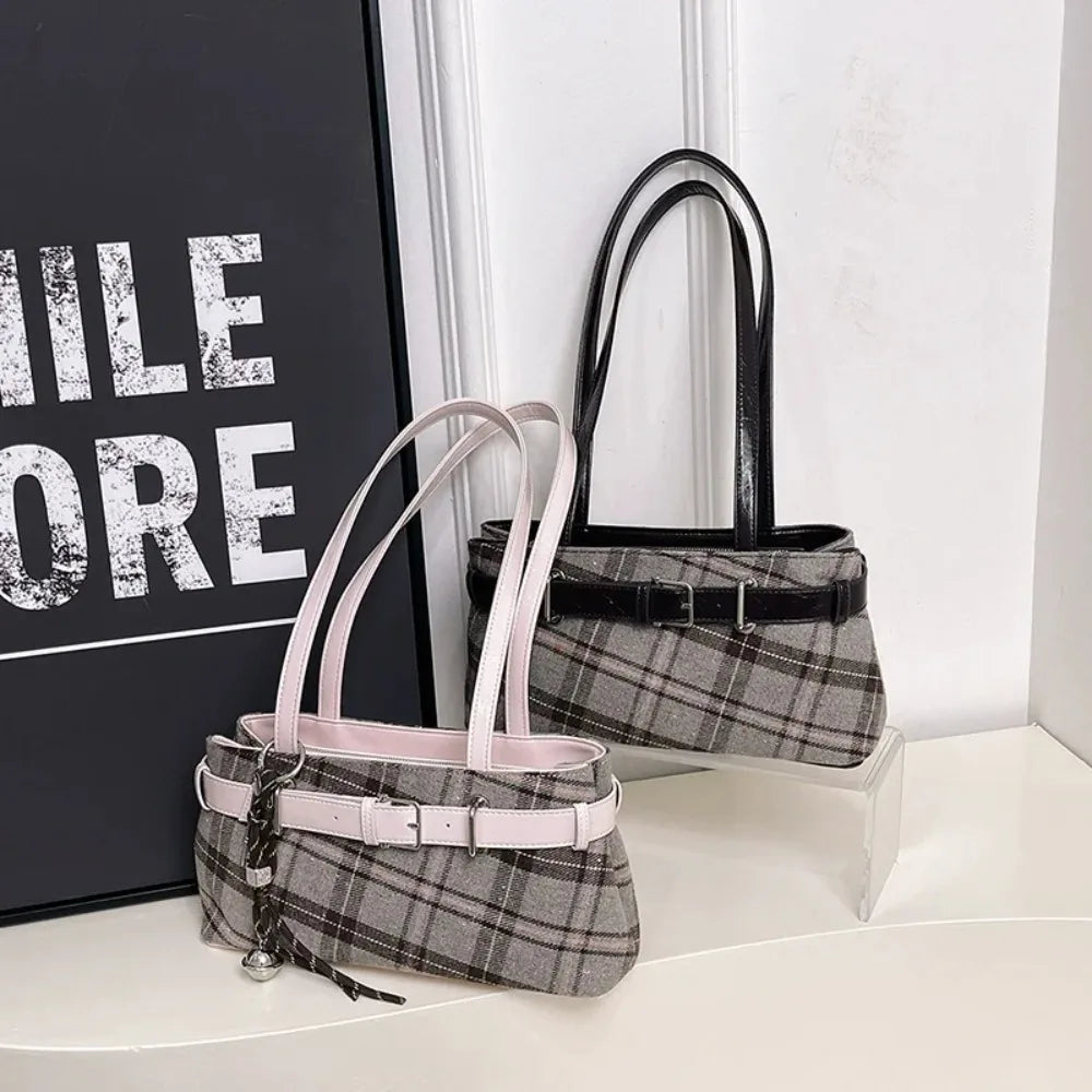 Women Retro Plaid Tote Bag Textured Shoulder Handbag Work Commuter Bag 2026