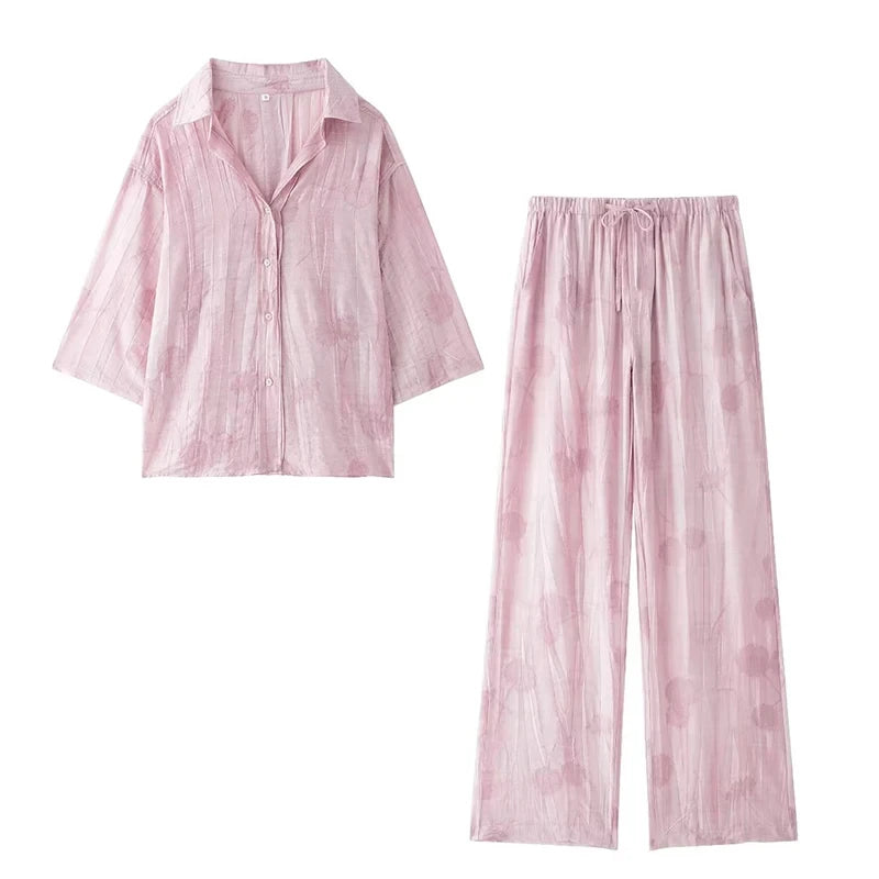 Women Jacquard Two Piece Set Loose Shirt and Casual Pants Chic Summer Outfit