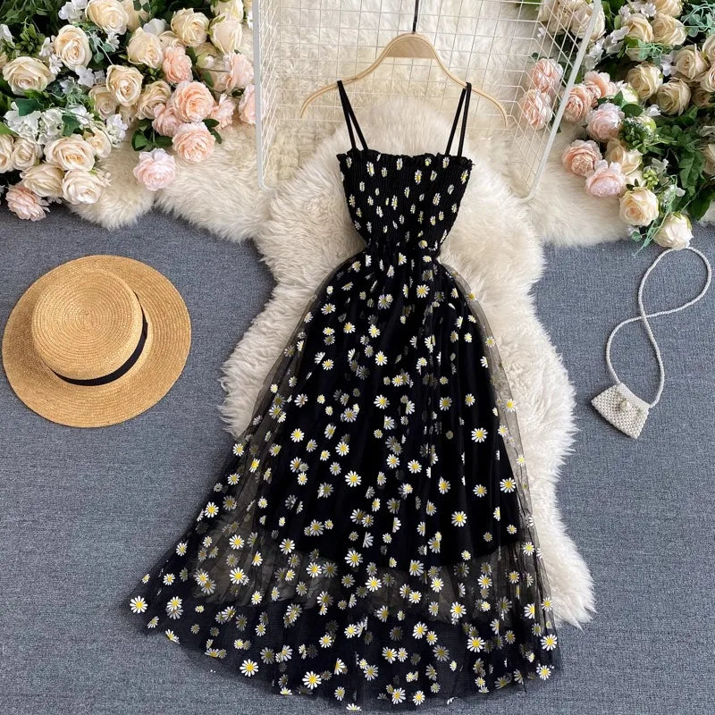 Women Floral Mesh Dress Spaghetti Strap Party Beach Vacation Dress 2026