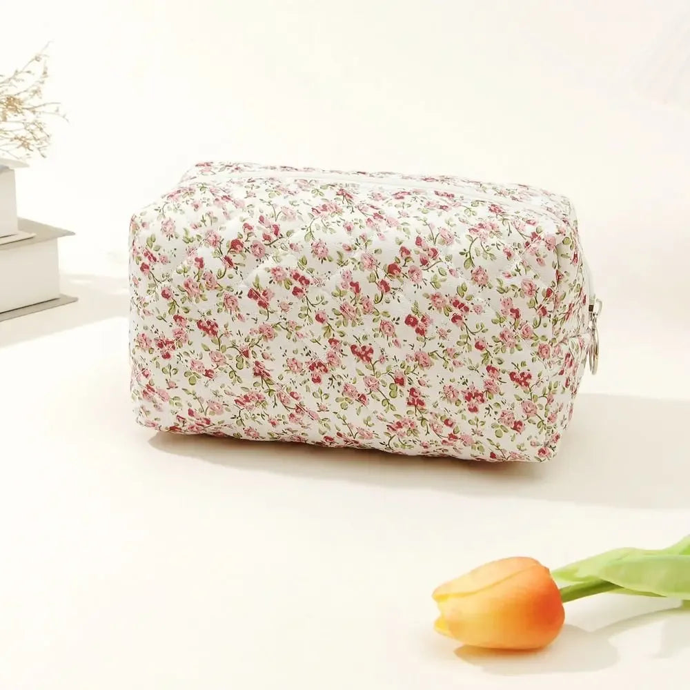 Floral Quilted Zipper Makeup Bag Cosmetic Storage Travel Organizer Pouch