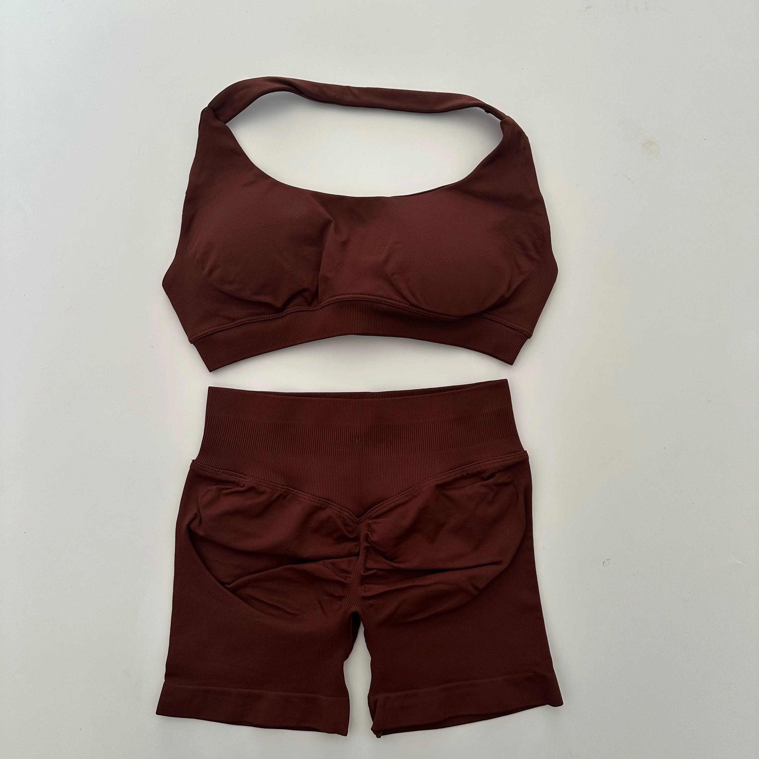 Seamless Yoga Set Halter Sports Bra Scrunch Shorts Gym Workout Fitness Set