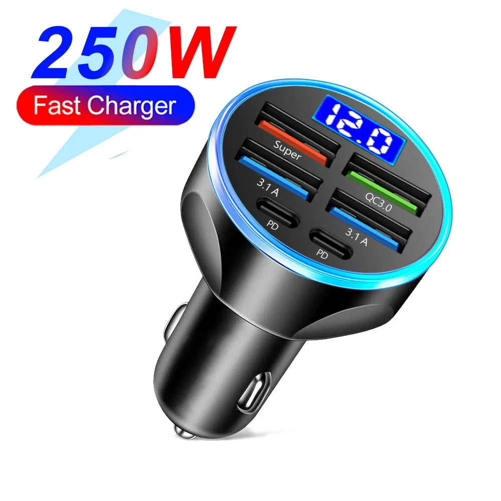 6-Port Fast Car Charger 250W – Multi USB PD & QC3.0 Cigarette Lighter Adapter with LED Display