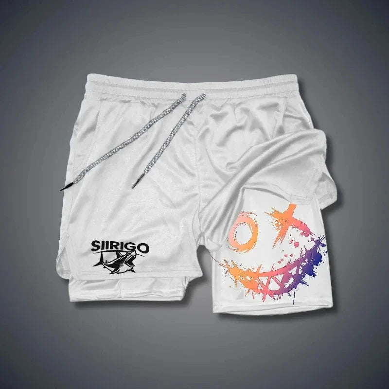 Men 2-in-1 Smiley Print Running Shorts Quick Dry Double Layer Fitness Training Sports Shorts