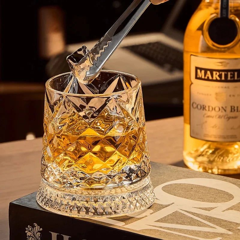 Rotating Whiskey Glass 360 Degree Crystal Tumbler with Glass Base for Cocktail