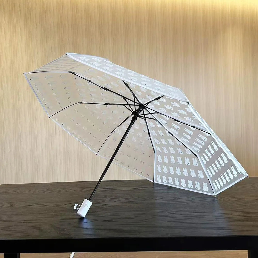 Cute Cartoon Folding Umbrella Automatic Transparent Frosted Rabbit Umbrella