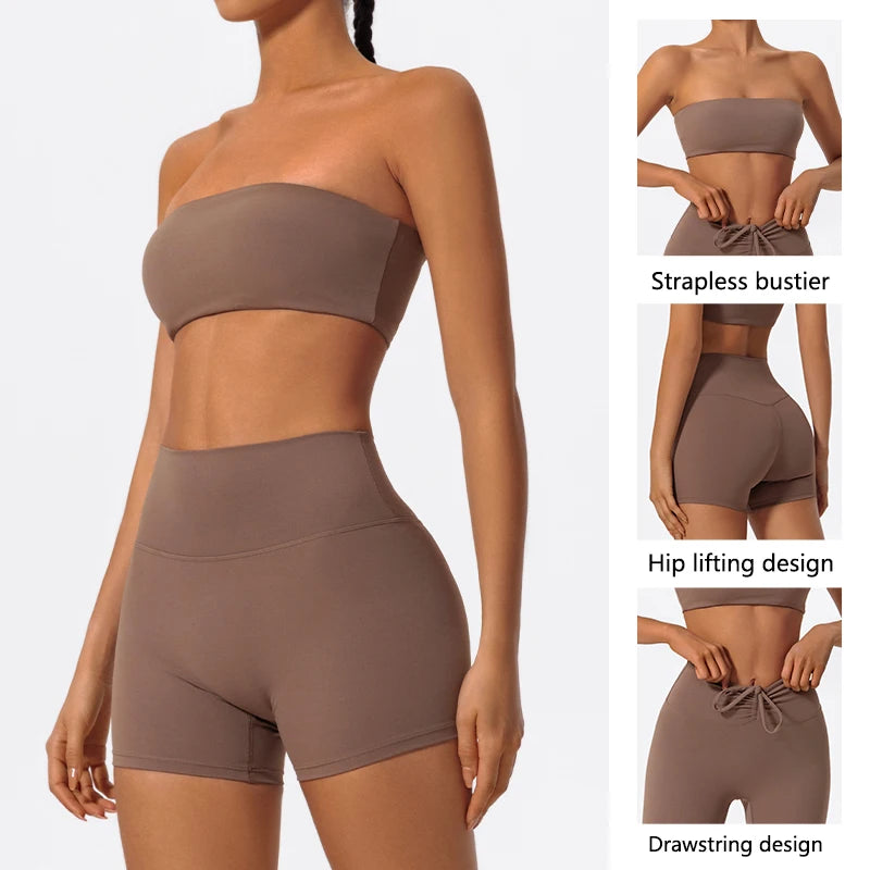 Strapless Gym Set Women Seamless Bandeau Sports Bra High Waist Shorts Workout Outfit