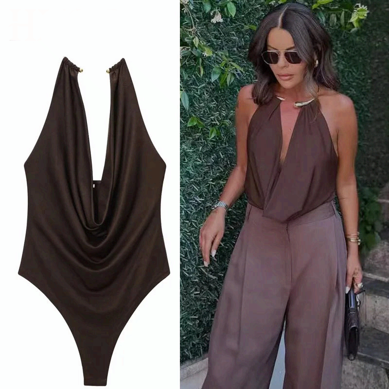 Women Halter Bodysuit Open Back Sleeveless Summer Slim Fit Top