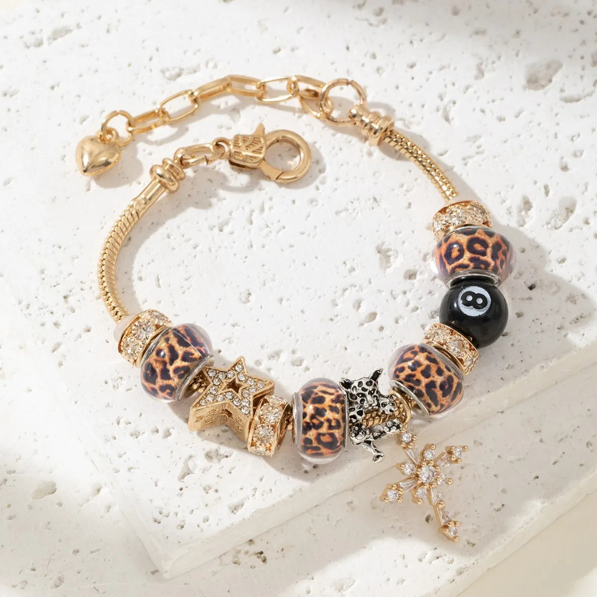 Women Adjustable Gold Charm Bracelet Leopard Rhinestone Star Cross