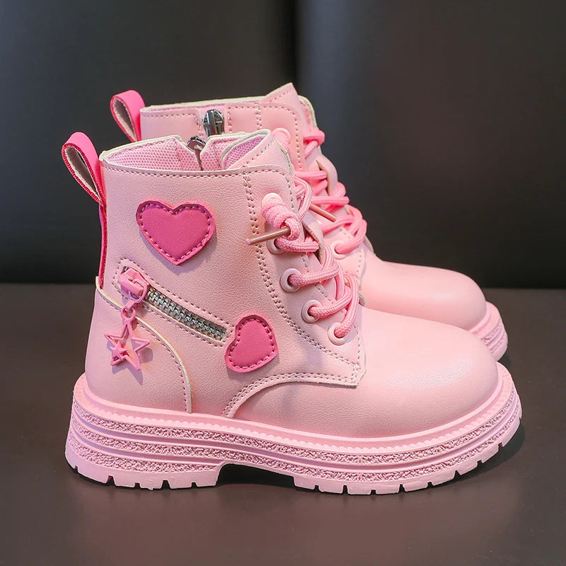 Girls Pink Love Side Zip Winter Boots Soft Sole PU Princess Shoes