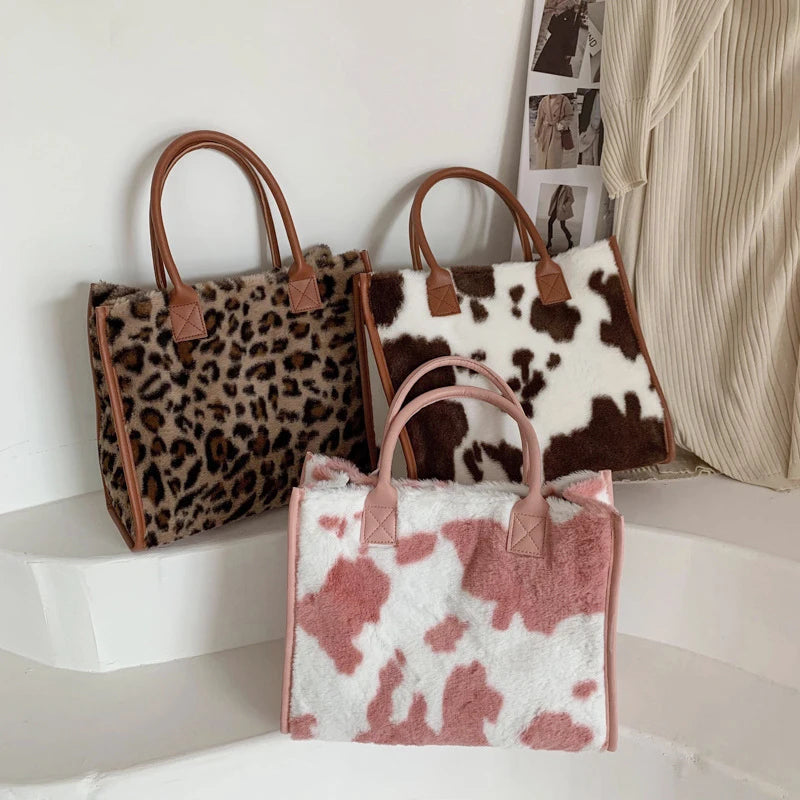 Leopard Faux Fur Tote Bag Soft Plush Shoulder Handbag
