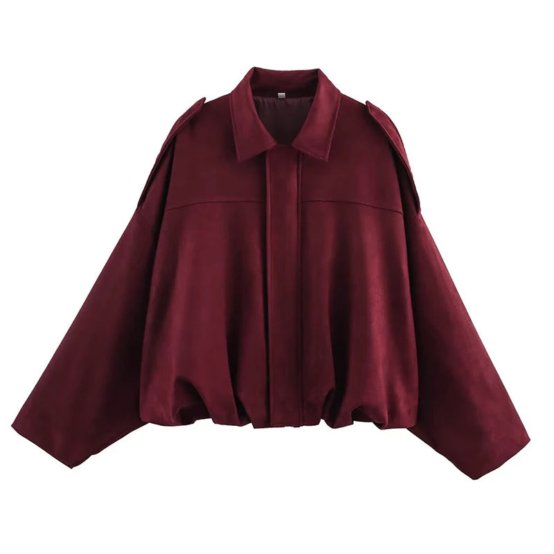 Women Bomber Jacket Vintage Turn Down Collar Loose Fit Coat Chic Outerwear