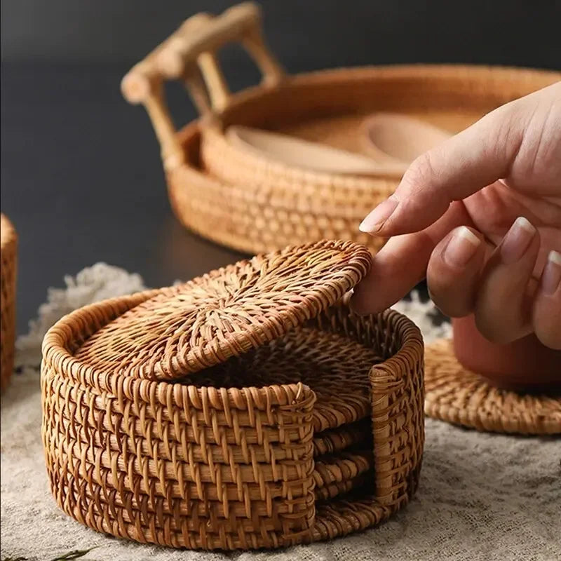 Rattan Drink Coasters 3pcs 6pcs Round Heat Resistant Cup Mat 8cm