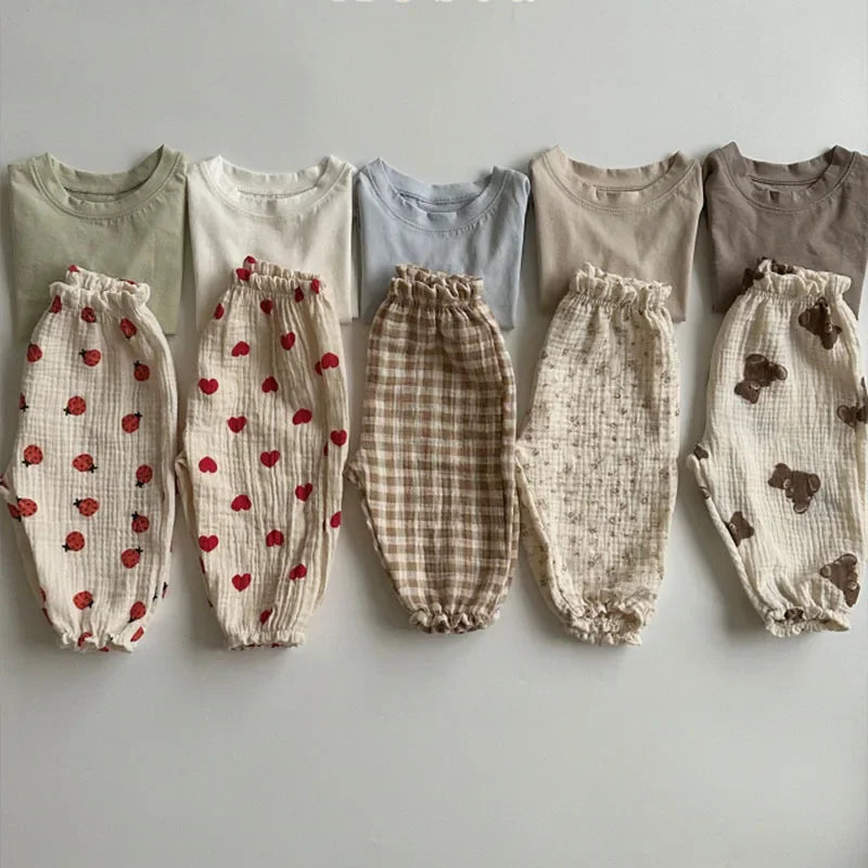 Organic Cotton Baby Muslin Pants Soft Print Newborn Toddler Capris