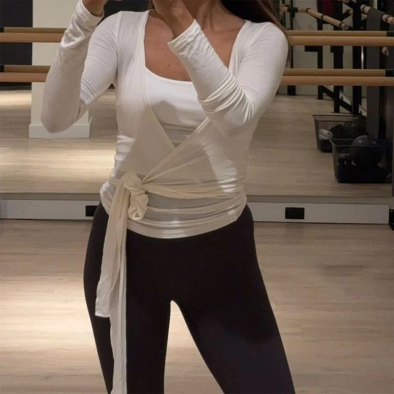 Women’s Cross Wrap Tie Crop Top Long Sleeve Deep V Yoga Shirt