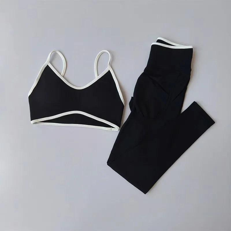 Women Strappy Sports Set Contrast Yoga Suit Shockproof Quick Dry Fitness Pants