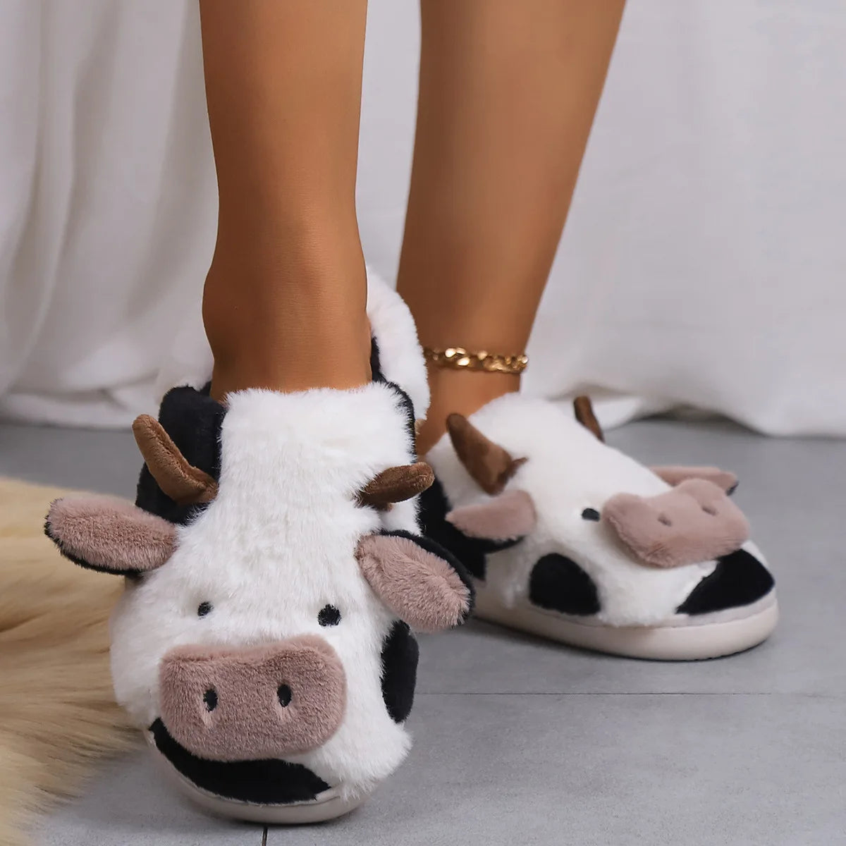 Cow Milk Fuzzy Slippers Women Winter Plush Soft Cozy Cartoon House Bedroom Shoes