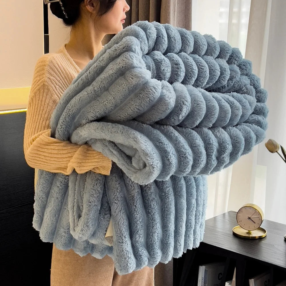 Soft Fluffy Throw Blanket 250GSM Warm Striped Bed Blanket for Winter