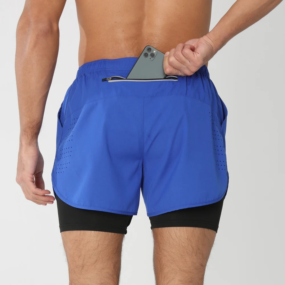 Men 2-in-1 Double Layer Running Shorts Quick Dry Gym Fitness Training Shorts