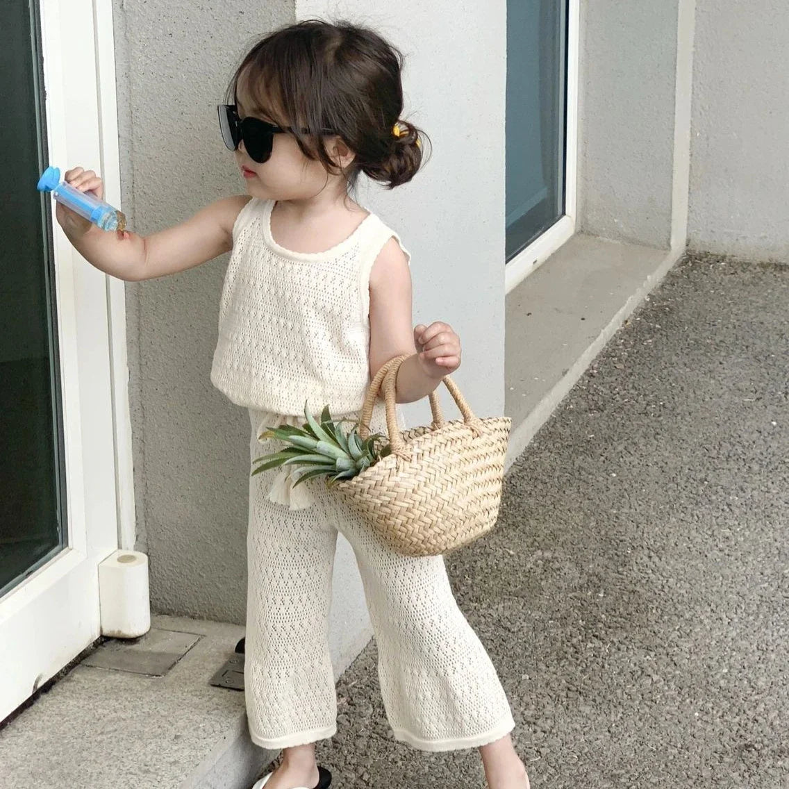 Girls Summer Knit Lace Vest and Wide Leg Pants Set