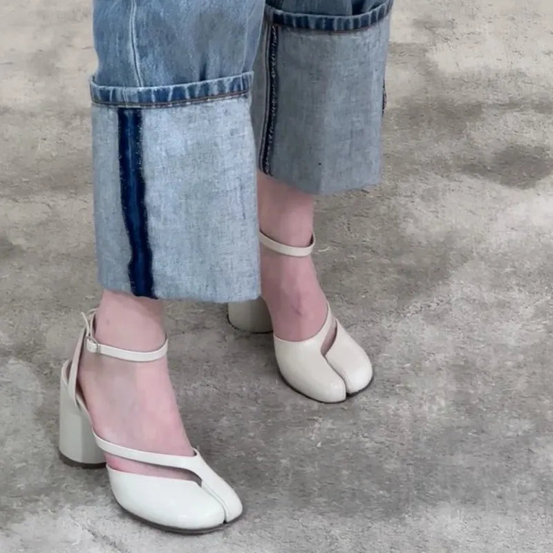Women Patent Leather Tabi Split Toe Slingback High Heel Pumps Chunky Casual Shoes