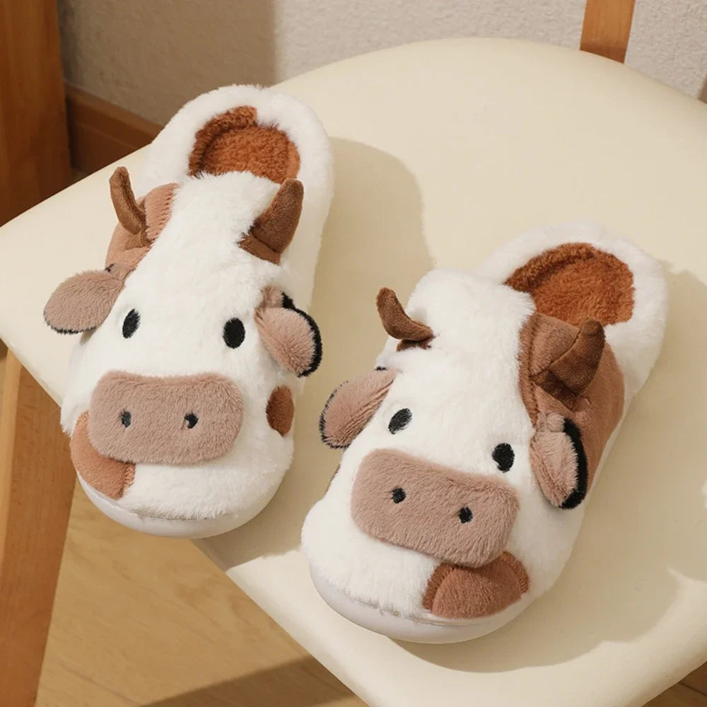 Cute Cow Slippers Plush Indoor Warm Cartoon Animal Home Shoes for Couples