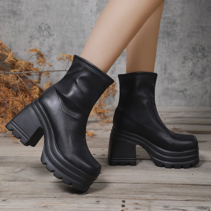 Women Square Toe Short Boots Leather Zipper High Heel Thick Sole Fashion Shoes