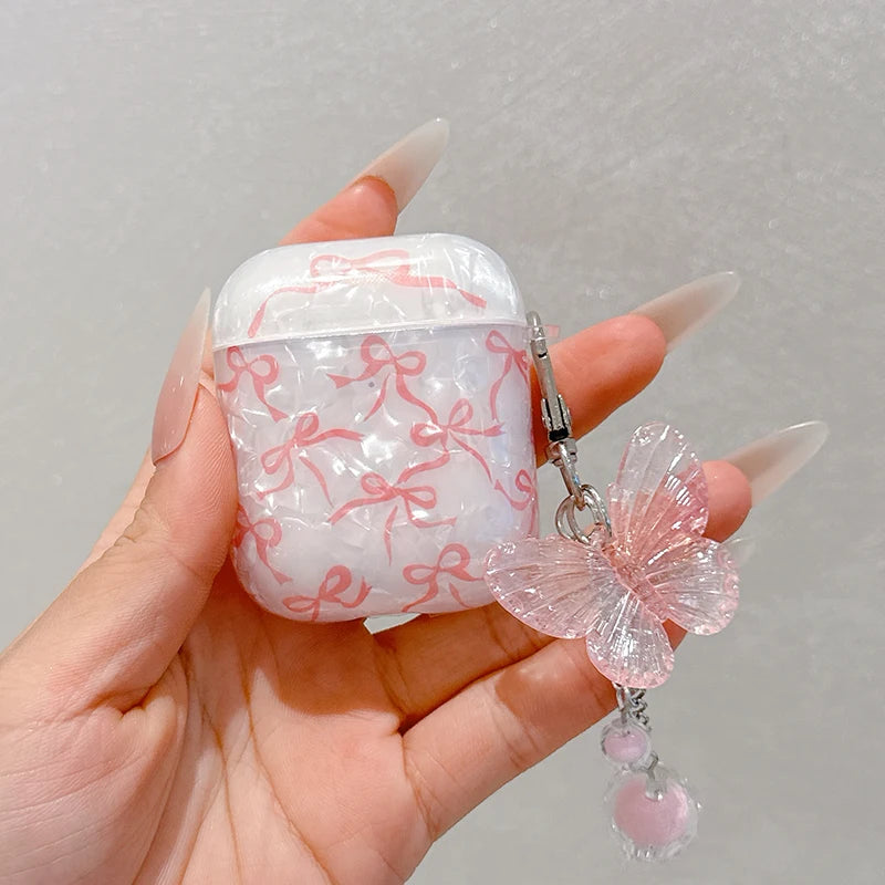 AirPods 1/2/3/4/Pro/Pro 2 Cute Bow Glitter Case with Butterfly Charm Keychain Protective Cover