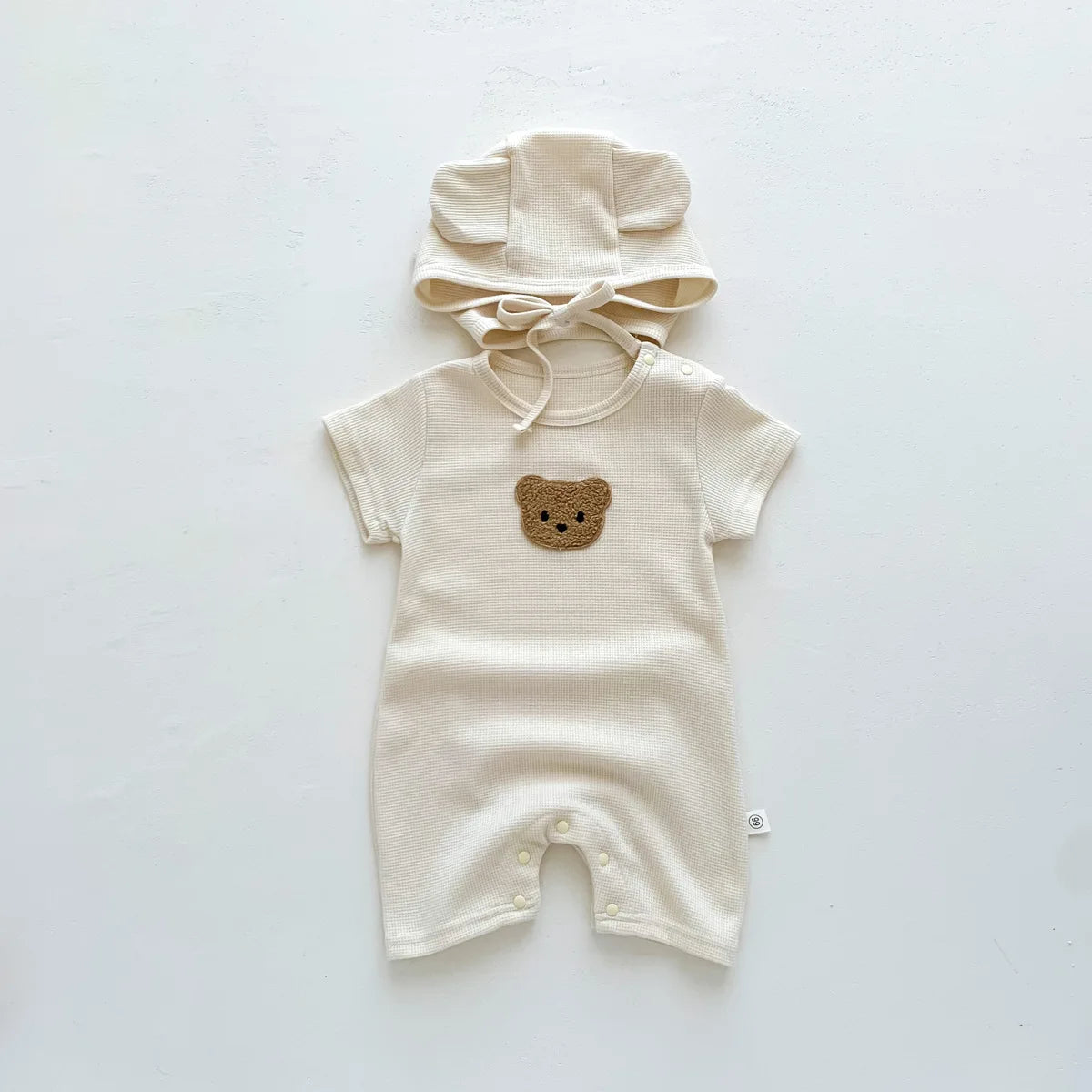 Baby Waffle Cotton Romper Short Sleeve Bear Jumpsuit with Hat