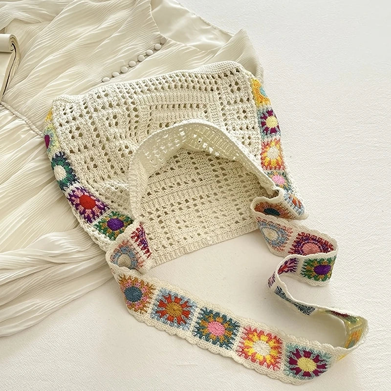 Women Boho Crochet Bag Knitted Floral Shoulder Tote Large Capacity Beach Woven Handbag