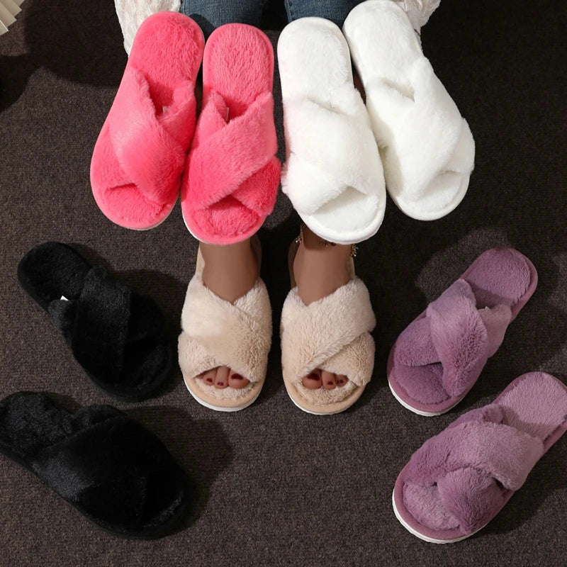 Fluffy Cross Band Slippers Women Cozy Fur Slides Soft Anti Slip Indoor Winter