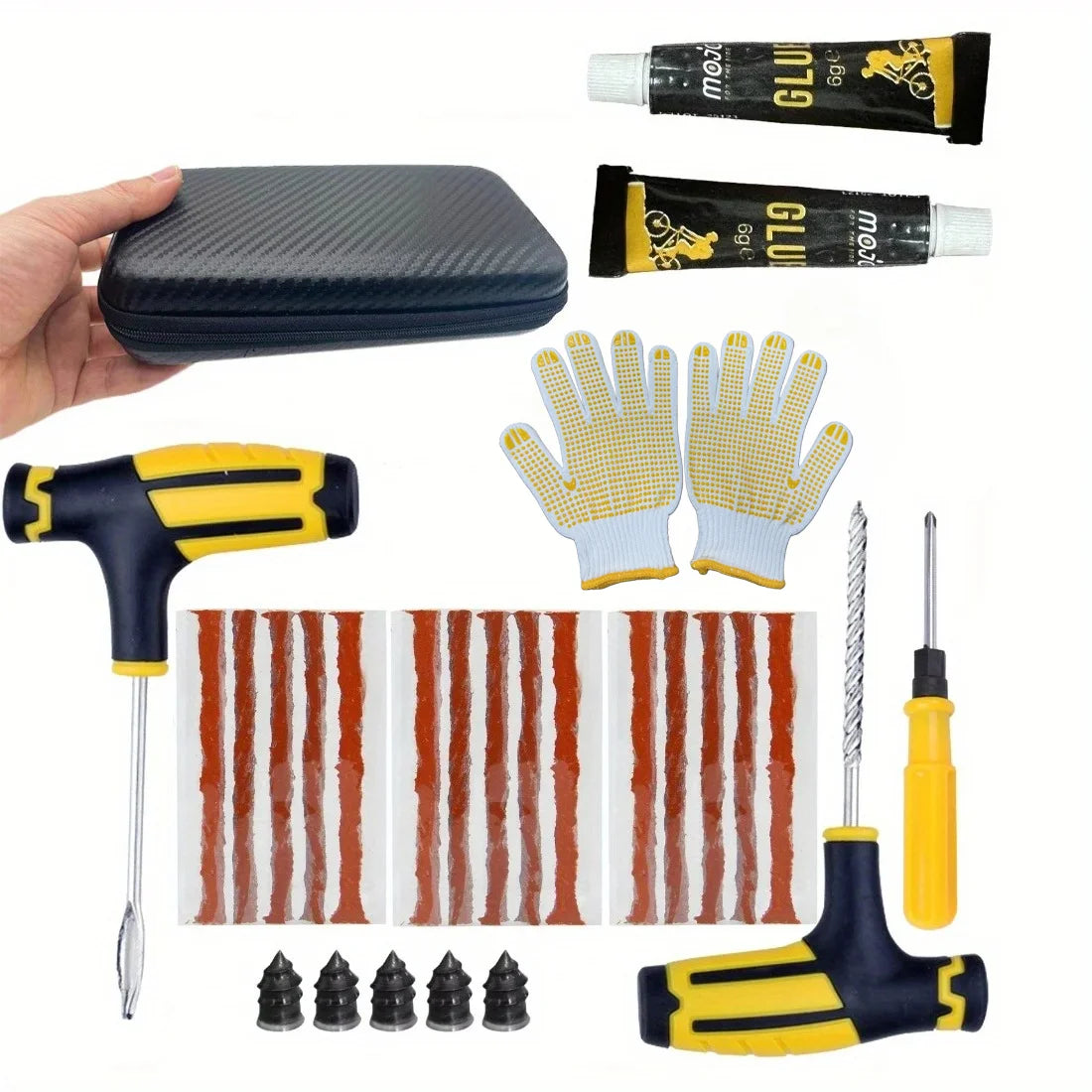 Emergency Tire Repair Kit – Car Puncture Fix Tool Set with Rubber Strips & Glue