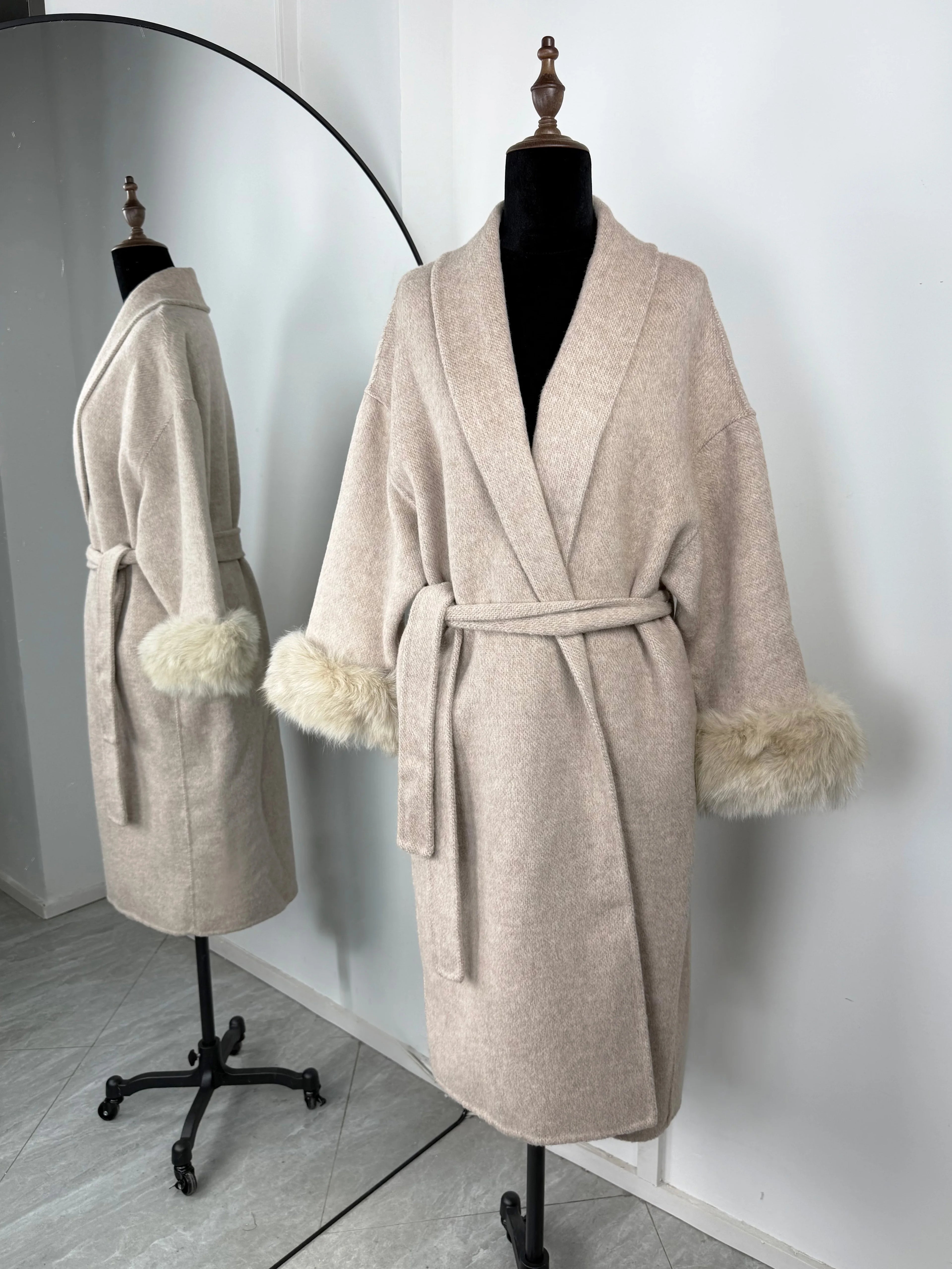 Women Wool Coat Faux Fur Collar Short Double Sided Elegant Jacket