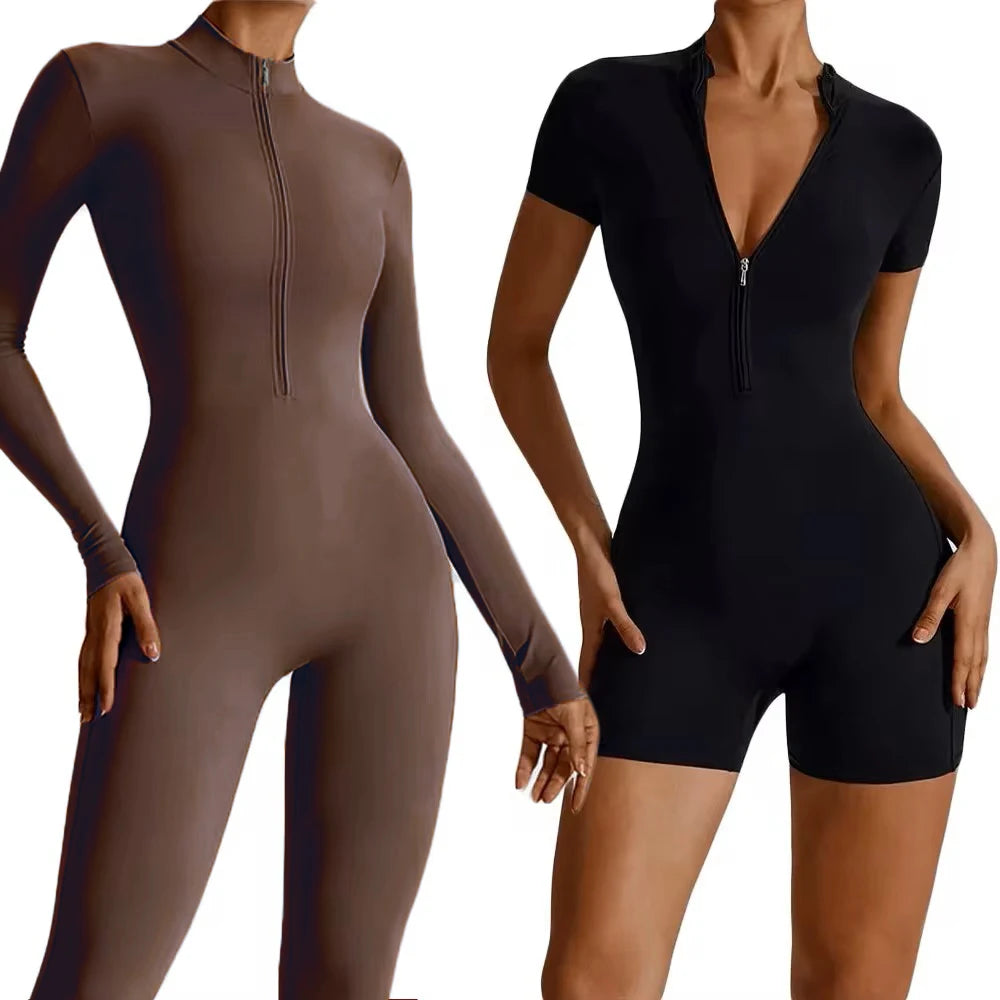 Women Zip Front Seamless Jumpsuit Short Sleeve Fitness Romper Bodycon Workout Outfit