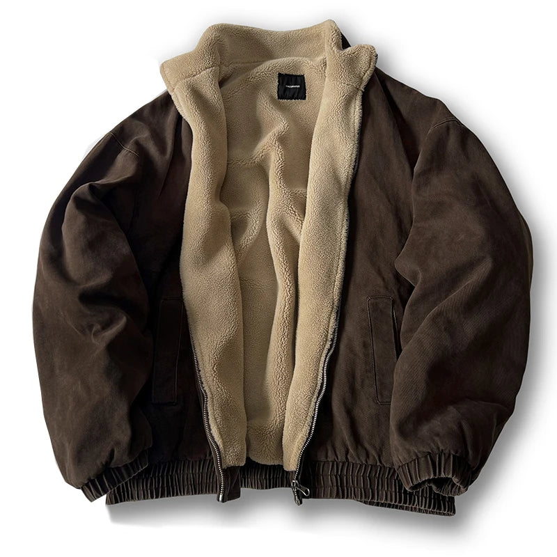 Men Vintage Polar Fleece Jacket Thick Winter Warm Loose Fit Streetwear Coat