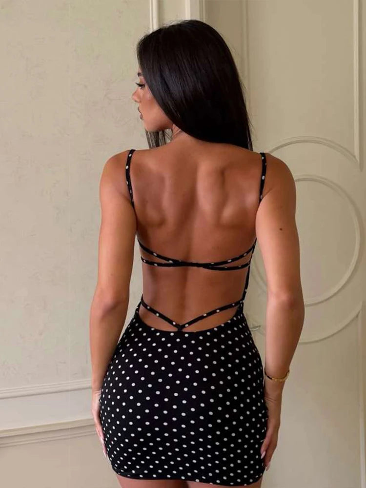 Polka Dot Bodycon Mini Dress Backless Low Neck Dress for Women