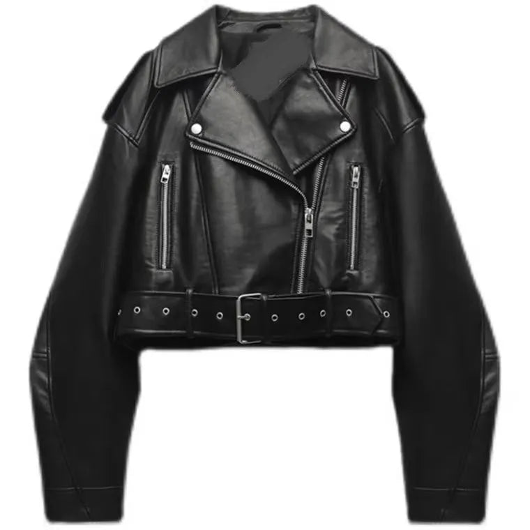 Women Oversized Faux Leather Jacket Belted Short Moto Biker Streetwear Coat