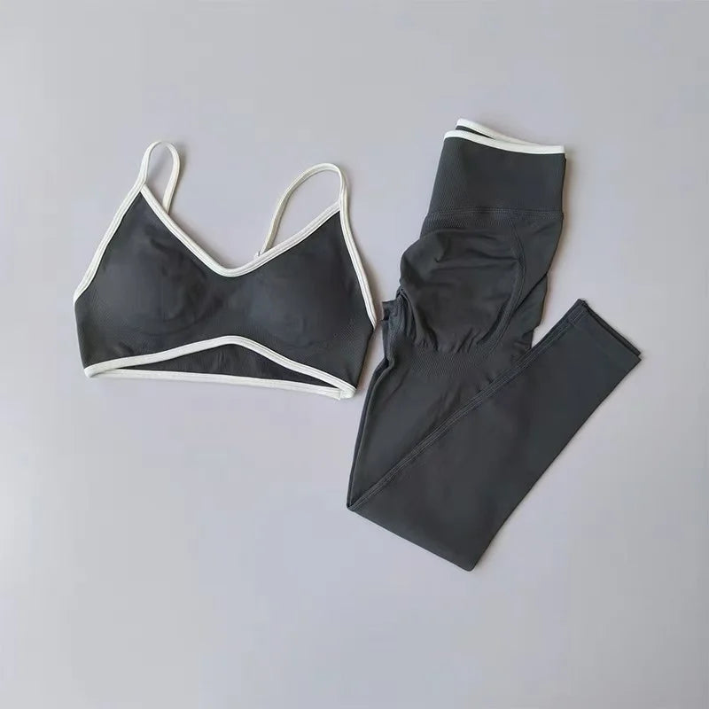 Women Strappy Sports Set Contrast Yoga Suit Shockproof Quick Dry Fitness Pants