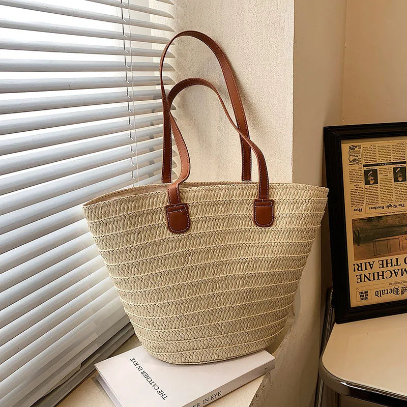 Women Straw Woven Tote Bag Large Capacity Beach Shoulder Handbag