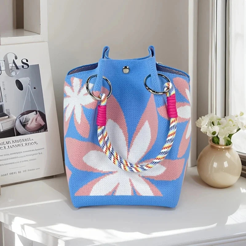 Women Vintage Floral Knit Tote Bag Adjustable Strap