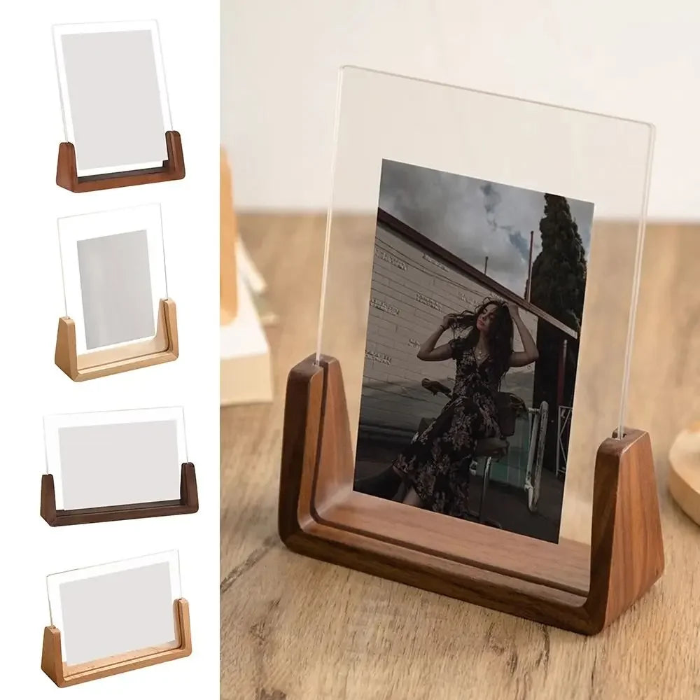 Acrylic U Shape Photo Frame Wooden Base Desktop Frame for Wedding Office Decor
