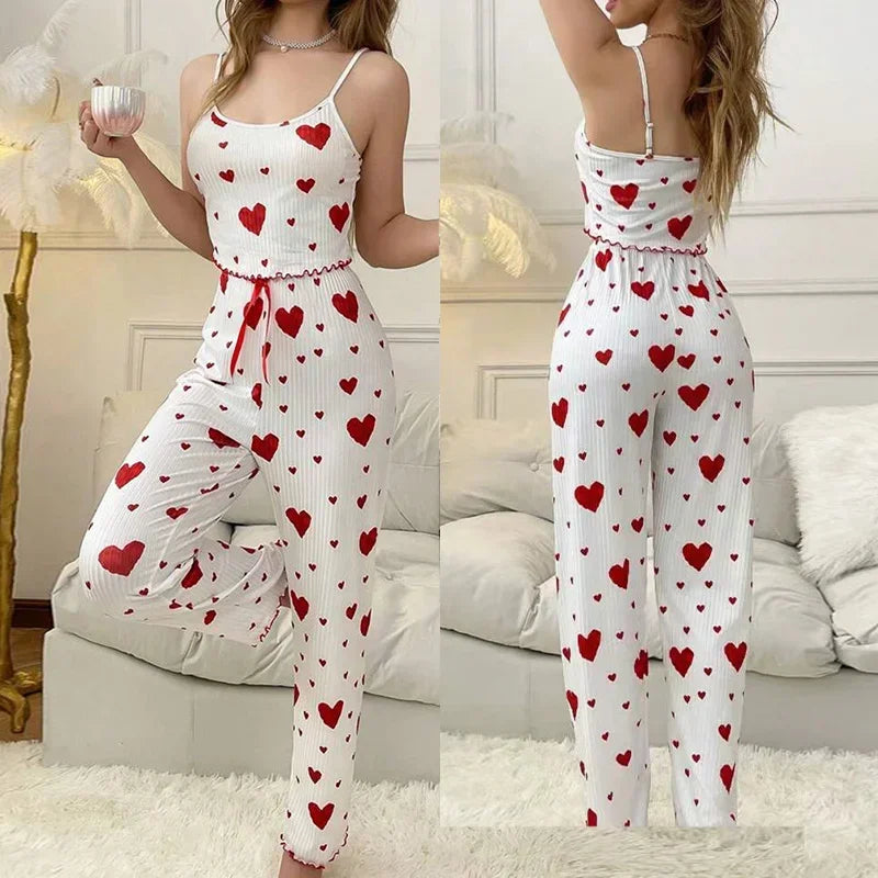 Women’s Heart Print Cami Pajama Set Autumn Winter Sleepwear