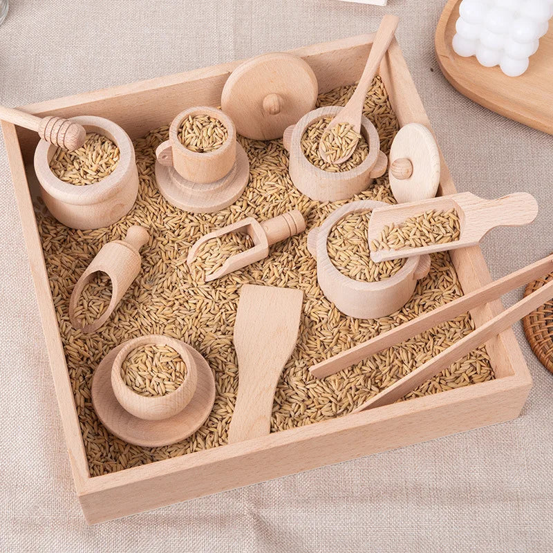 Montessori Wooden Sensory Puzzle Toys Kitchen Tea Set Early Education Learning Kit