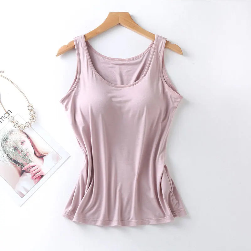 Women’s Padded Tank Top with Built In Bra Slim Fit Solid Color Vest