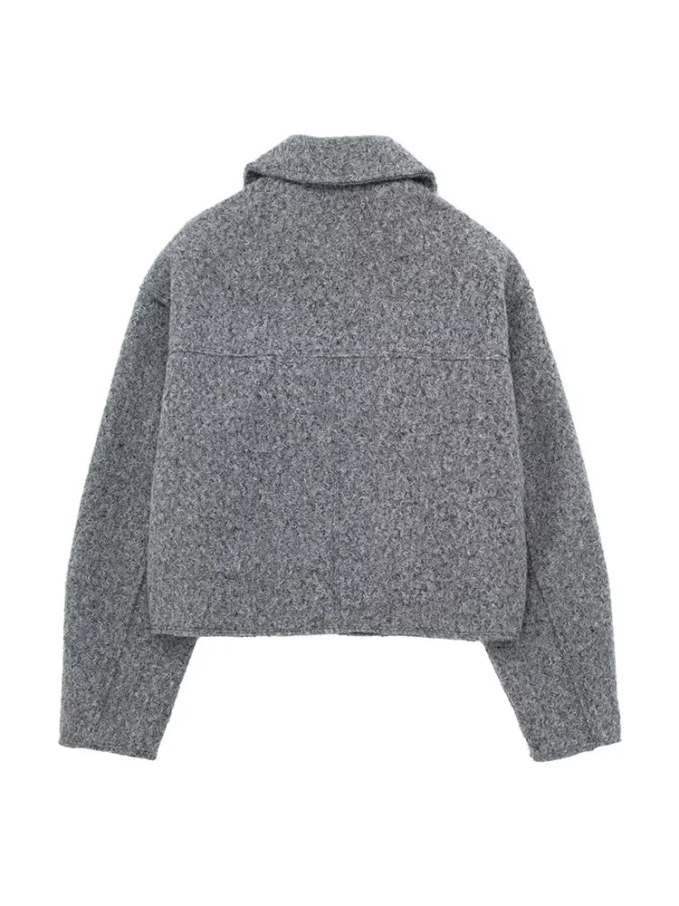 Women Grey Zip Up Jacket Vintage Lapel Long Sleeve Coat with Pockets