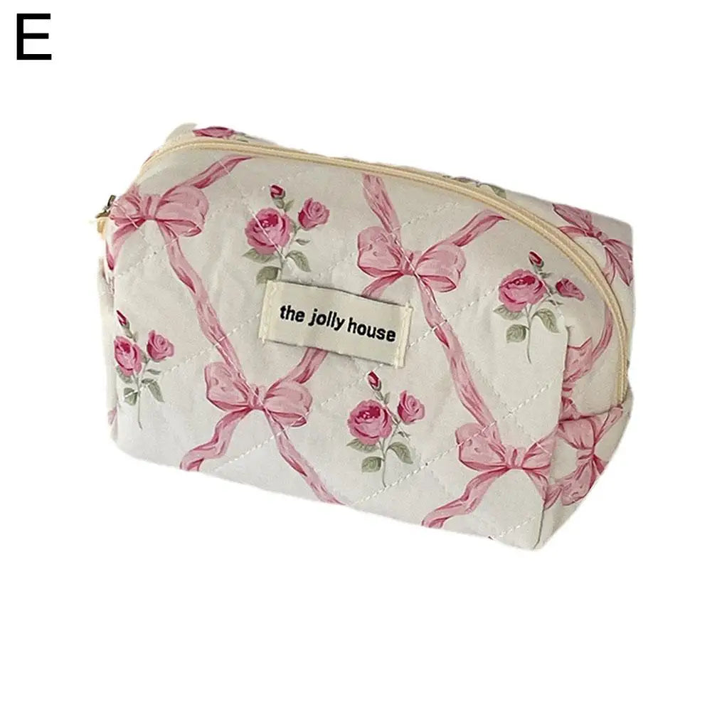Women Quilted Makeup Bag Cute Bow Flower Zipper Cosmetic Organizer Toiletry Case