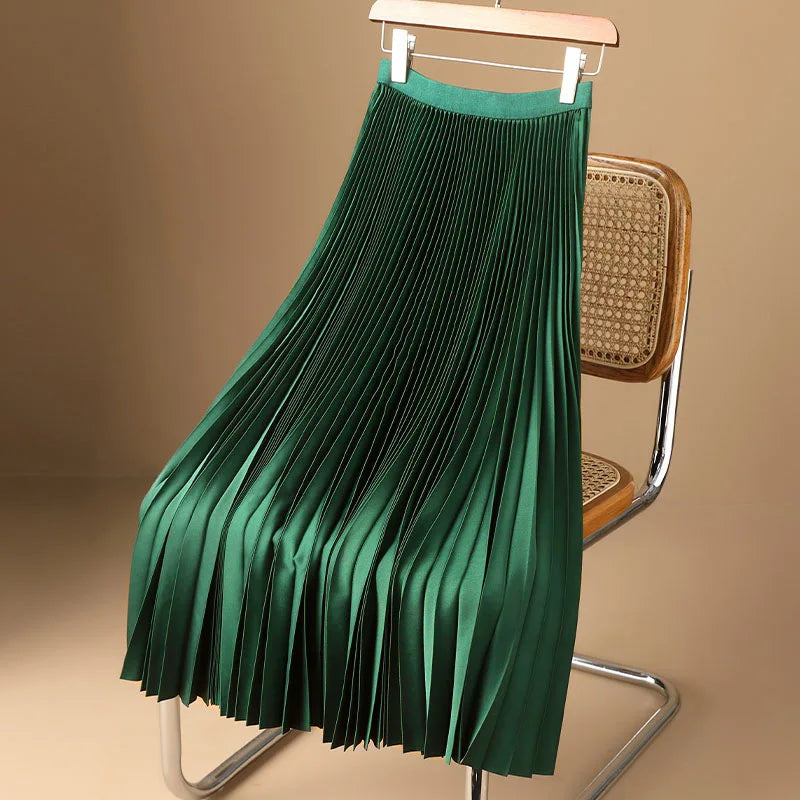 Women Satin Pleated A Line Midi Skirt High Waist Elastic Waist Long Skirt