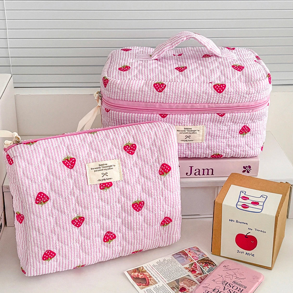 Pink Strawberry Quilted Cosmetic Travel Makeup Storage Bag