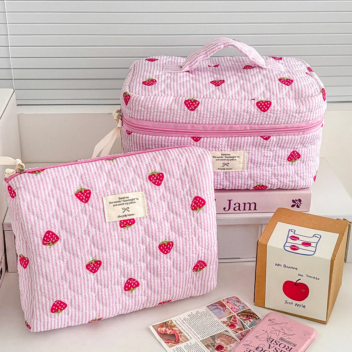 Pink Strawberry Quilted Cosmetic Travel Makeup Storage Bag