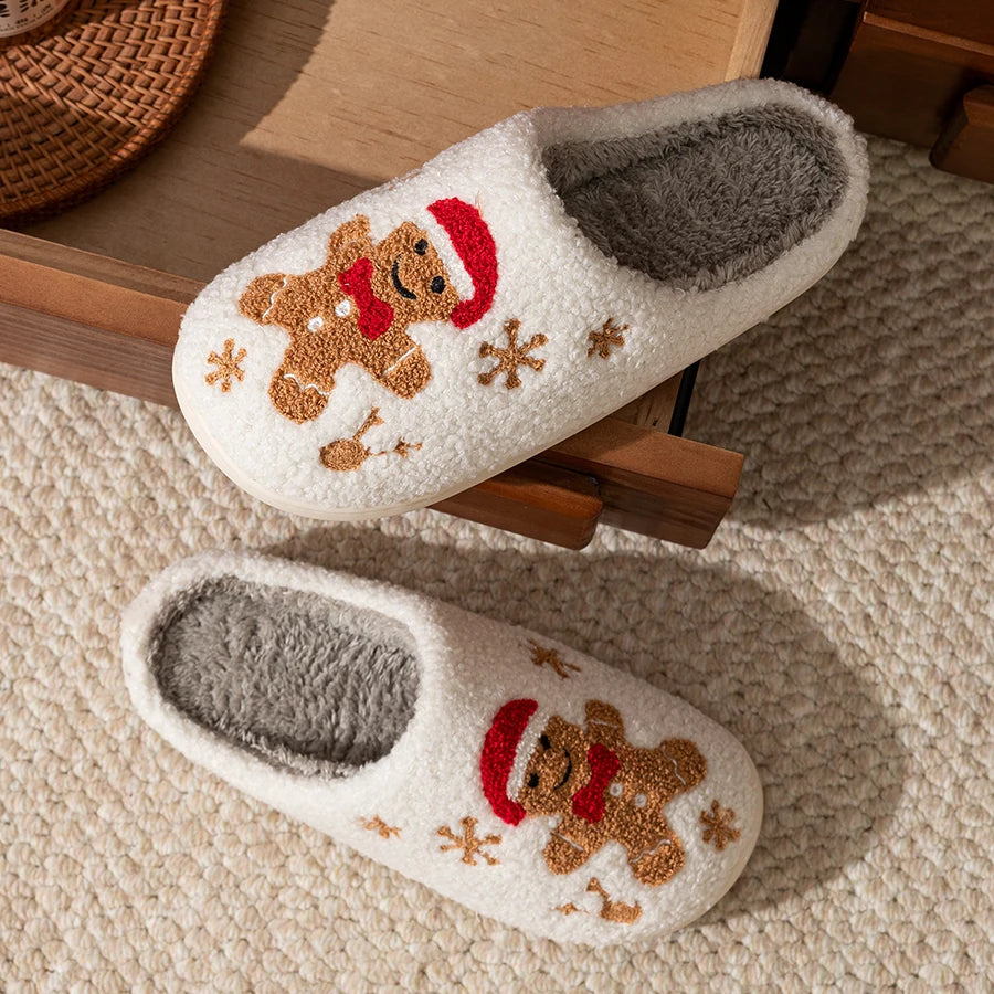 Christmas Plush Slippers Women Cozy Gingerbread Cute Winter Indoor Warm Soft Home Shoes