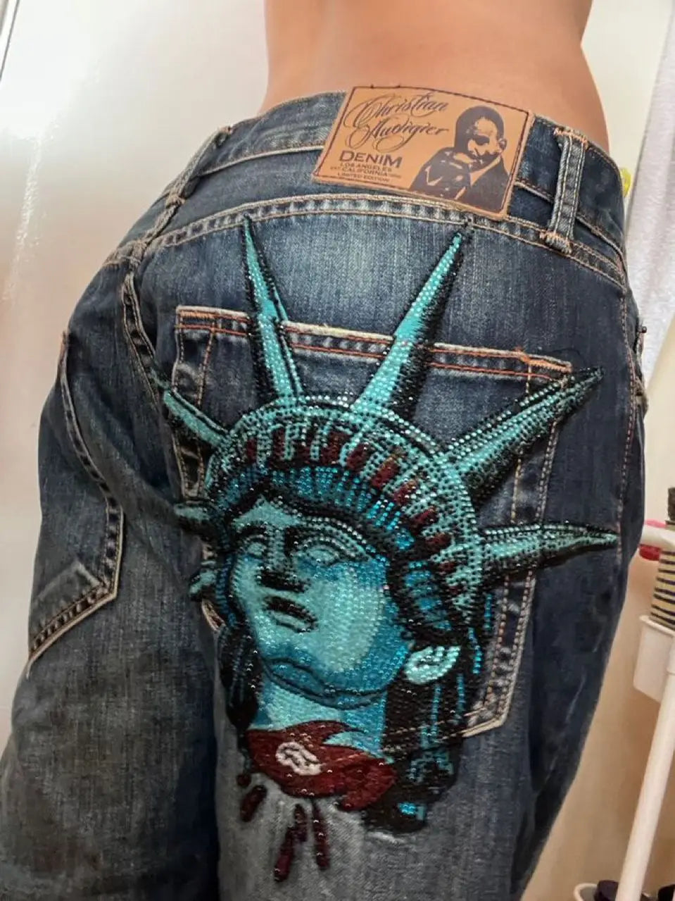 Women Y2K Statue of Liberty Diamond Print High Waist Wide Leg Jeans Vintage Denim Pants